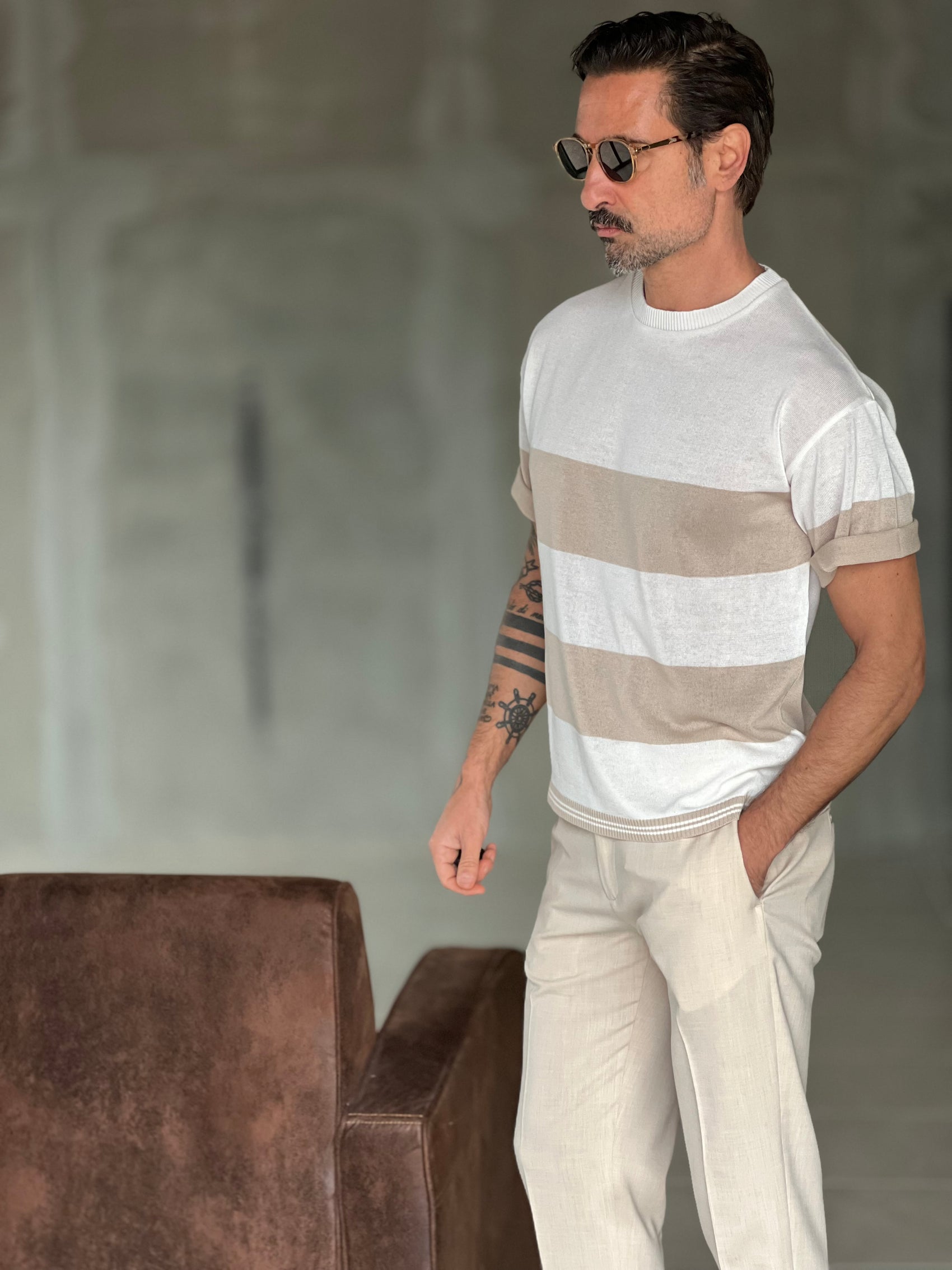 MAGLIA BIANCA RIGA GRANDE BEIGE IN FILO CROP