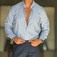 CAMICIA MILLERIGHE BLU STRETCH POPELINE DI COTONE