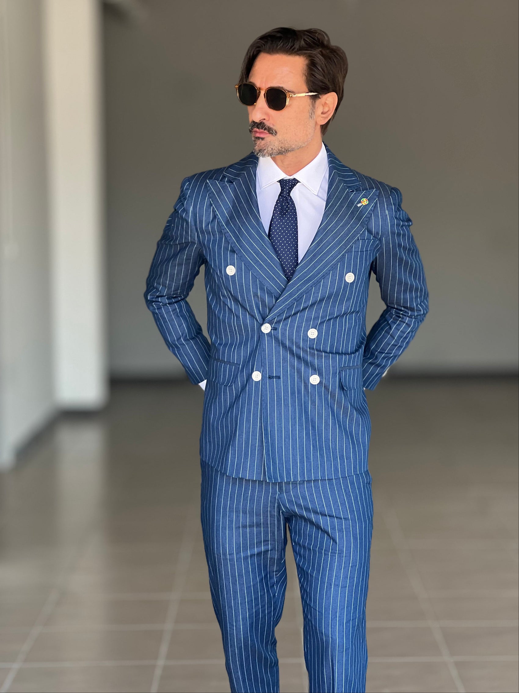 ABITO COLOR DENIM GESSATO FIAMMATO DOPPIOPETTO BOTTONE METALLO