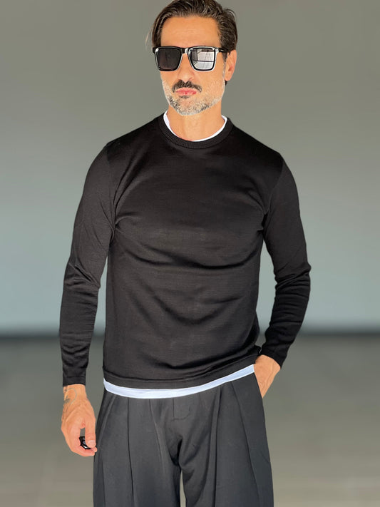 MAGLIA  2 FILI NERO  INSERTO T SHIRT BIANCA