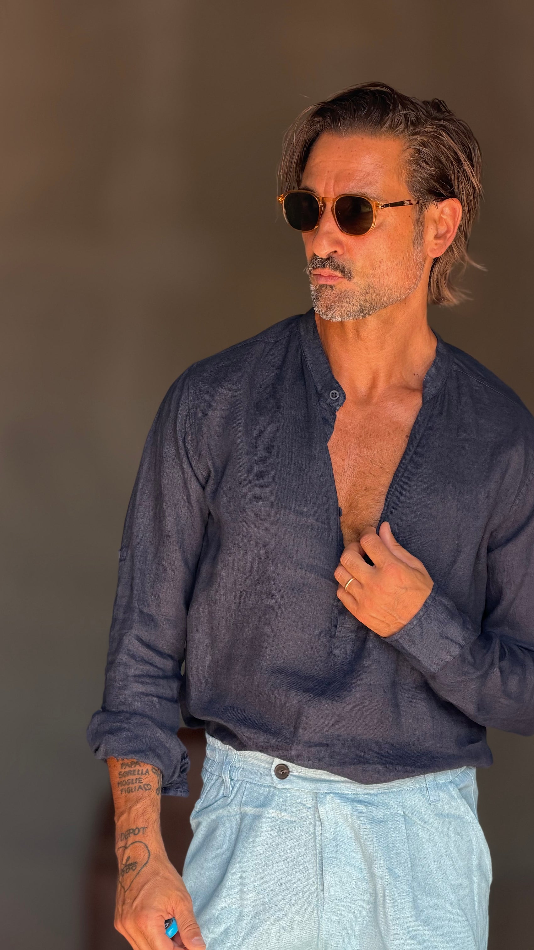 CAMICIA  SERAFINO BLU LINO PURO