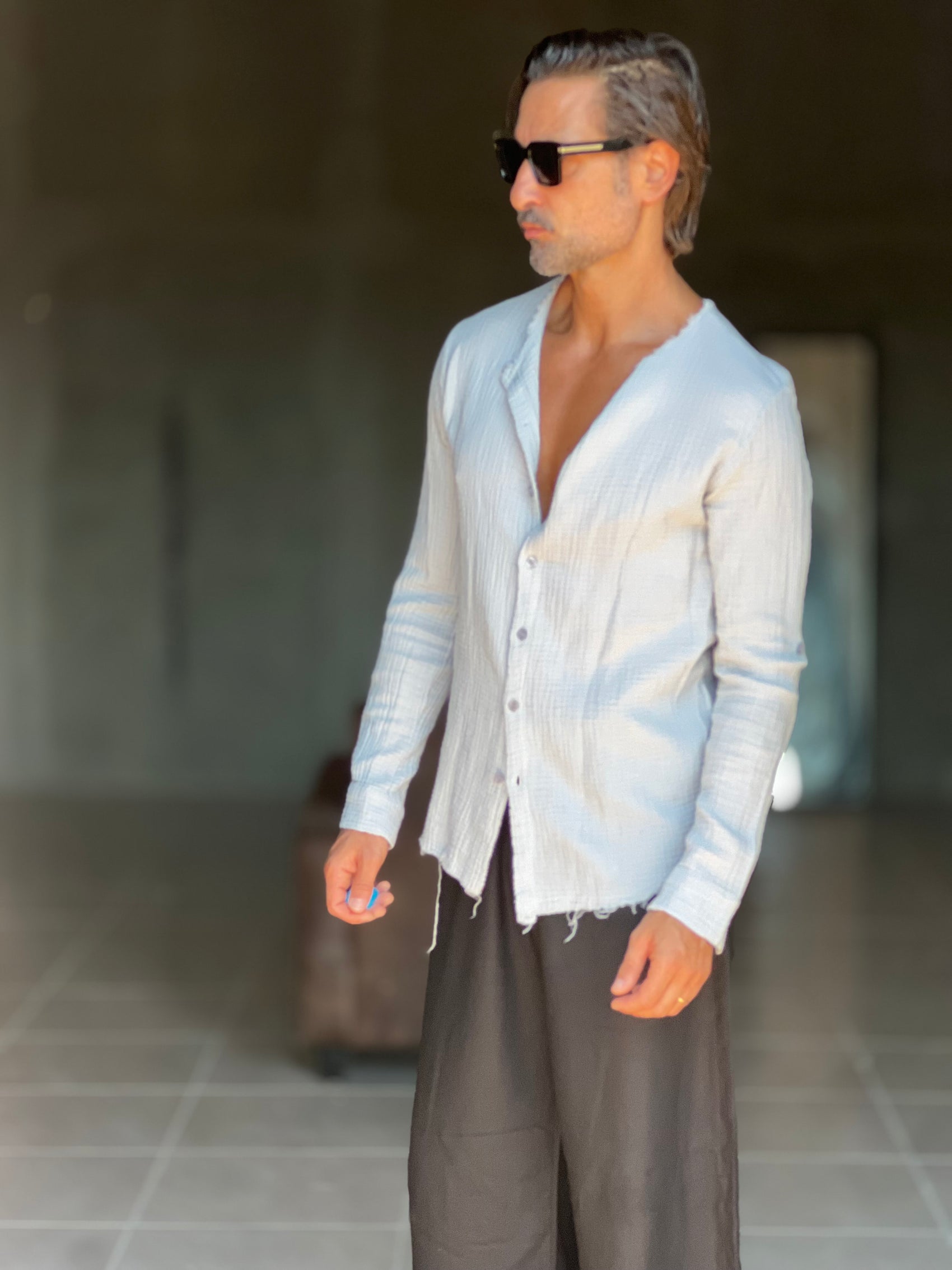 CAMICIA COREANA GRIGIO CHIARO GOFFRATA COTONE  EFFETTO LINO. 278