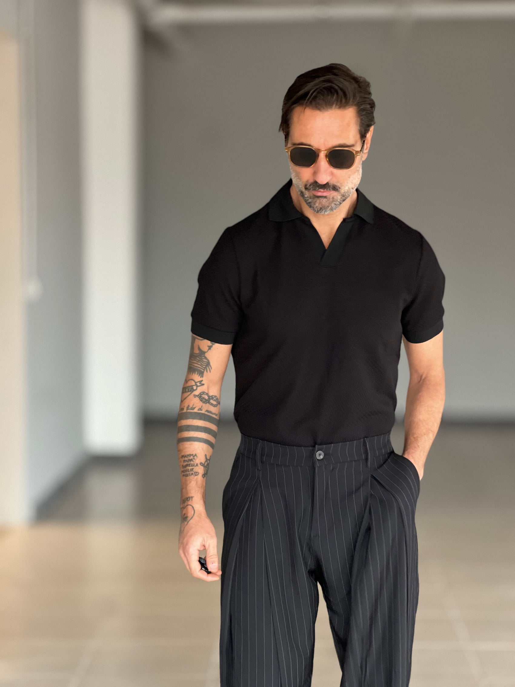 POLO NERA  LAVORAZIONE DIAGONALE  COLLO AMERICANO