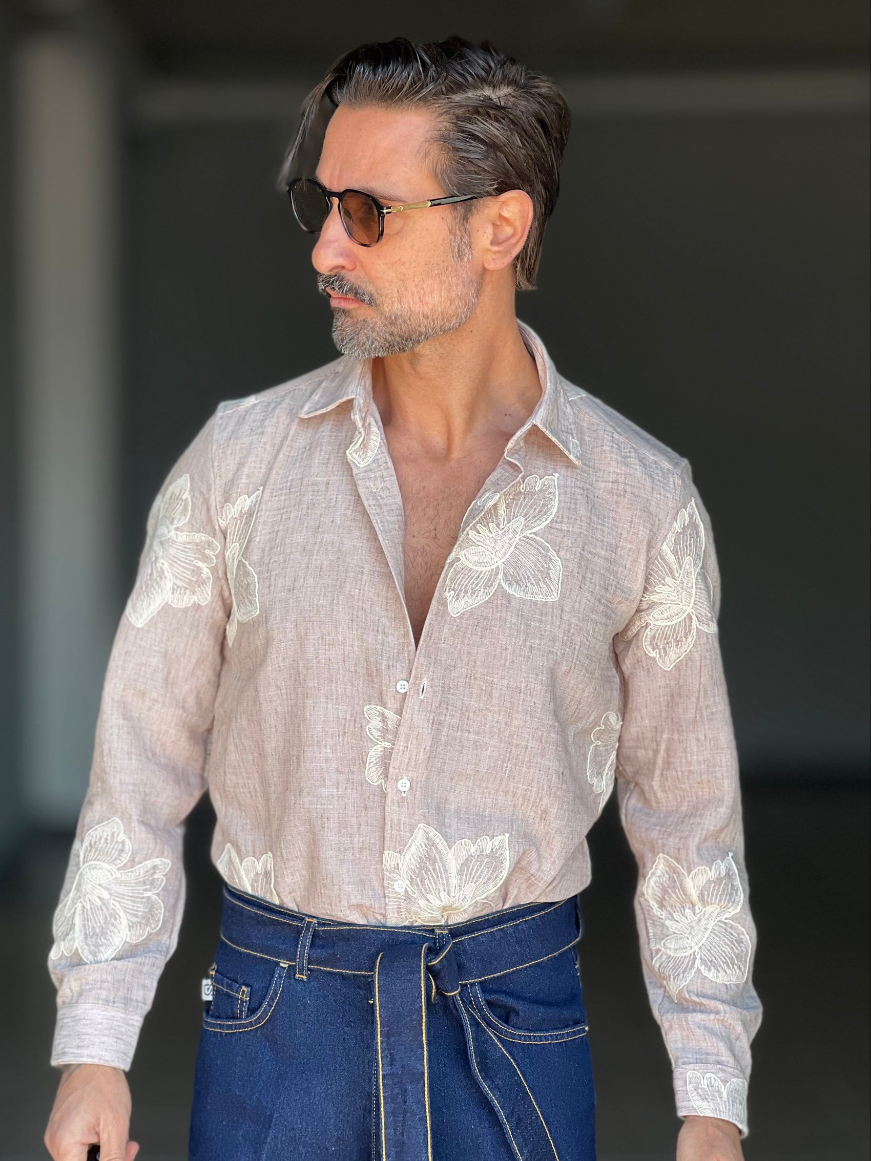 CAMICIA   BEIGE FANTASIA KENIA IN COTONE FIAMMATO  RICAMATA