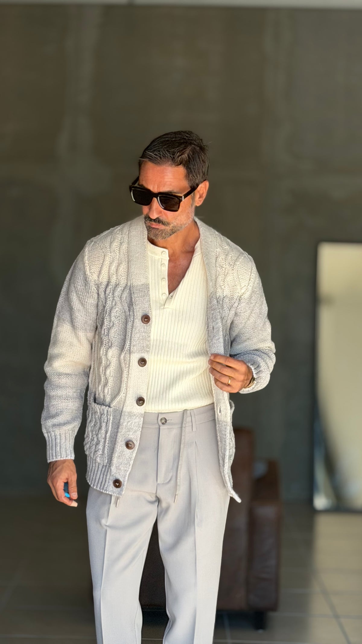 CARDIGAN MAGLIA INGLESE BANDA RIGA PANNA E  GRIGIO BL11