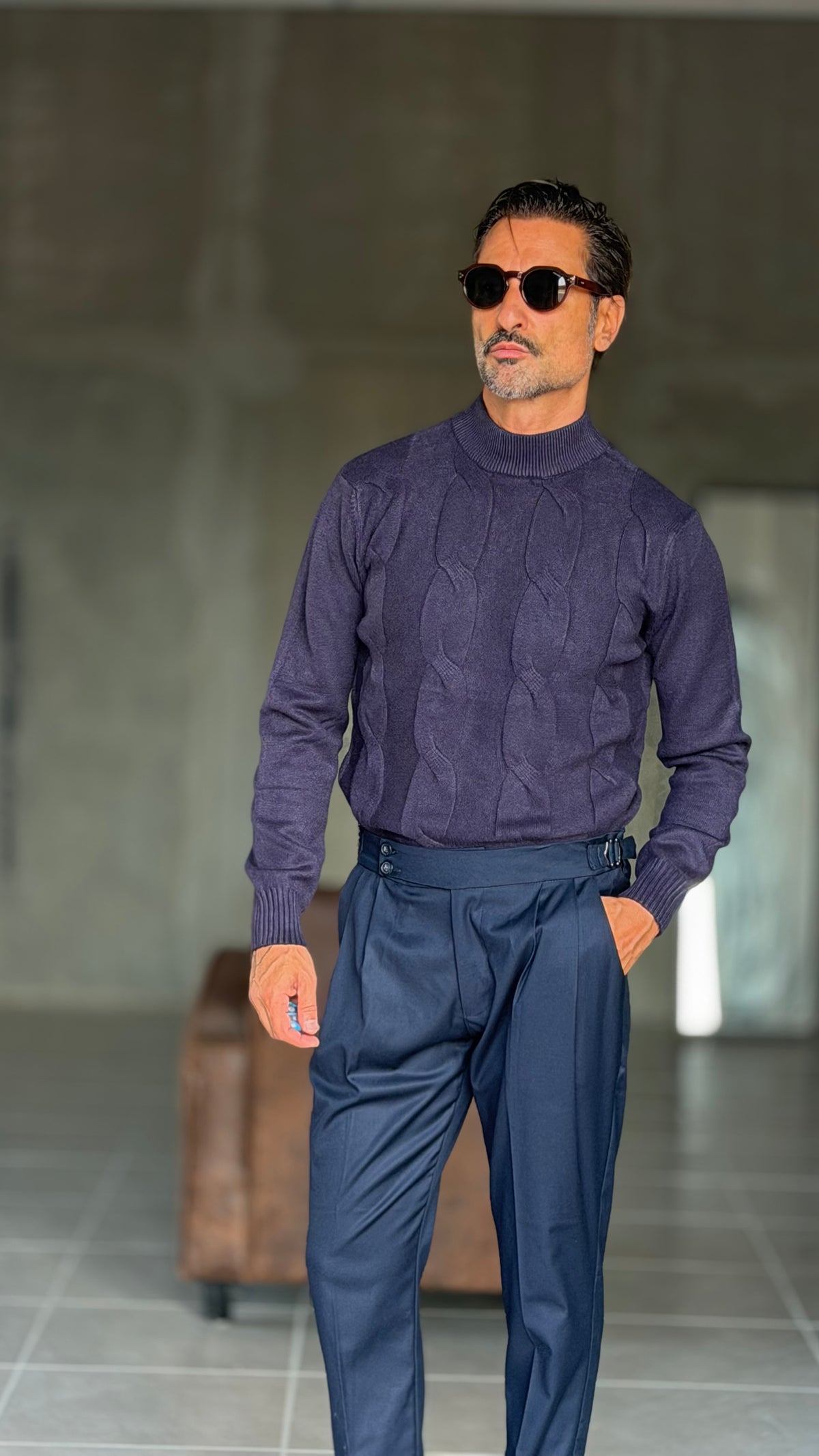 PULLOVER BLU  MEZZO COLLO TRECCIA VISCOSA