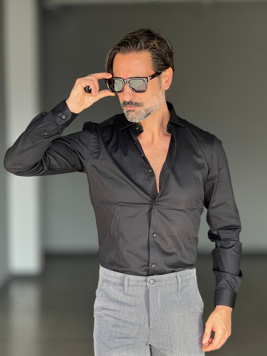 CAMICIA NERA   POPELINE DI COTONE STRECH