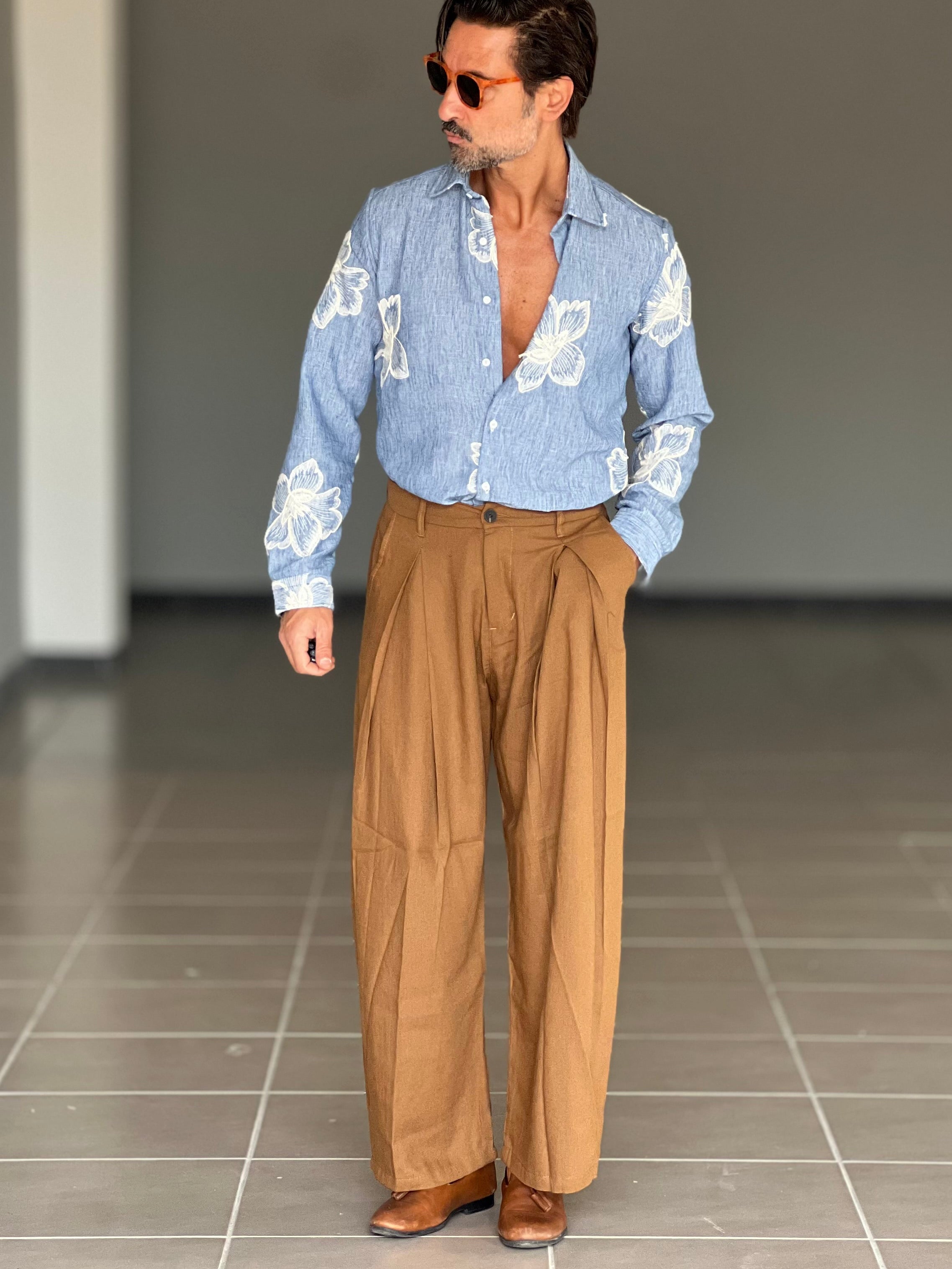 PANTALONE CARAMELLO  LINO E COTONE  DOPPIA  PINCES BALOON 00125