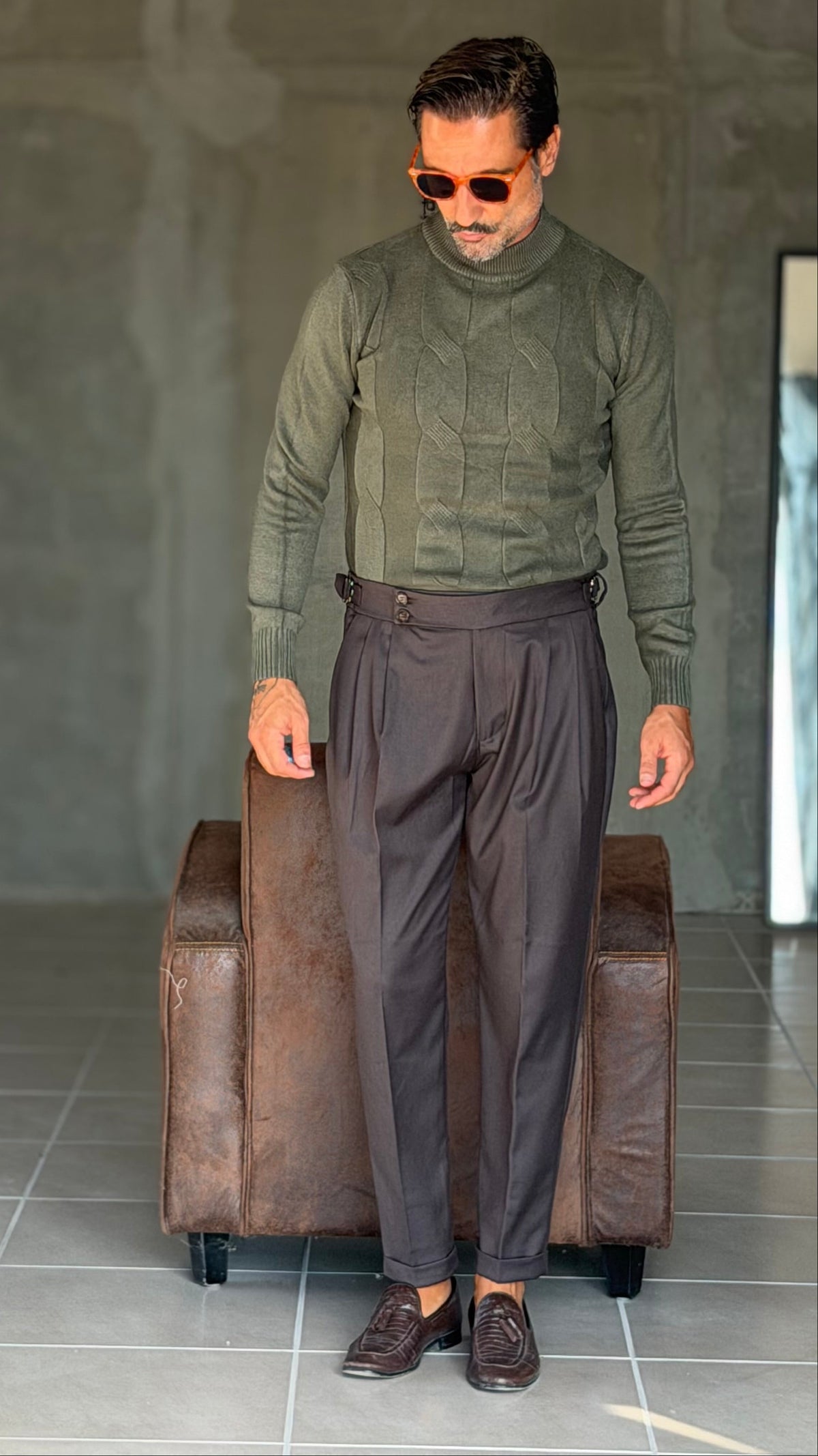 PANTALONE MORO VITA ALTA PINCES VISCOSA  EFFETTO FLANELLA BATTUTA