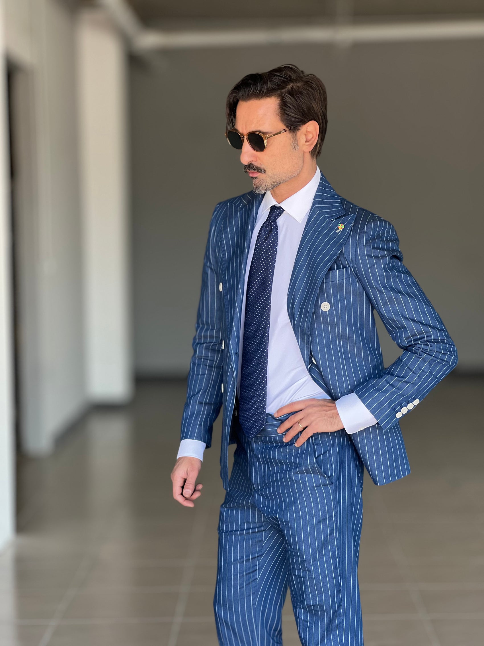 ABITO COLOR DENIM GESSATO FIAMMATO DOPPIOPETTO BOTTONE METALLO