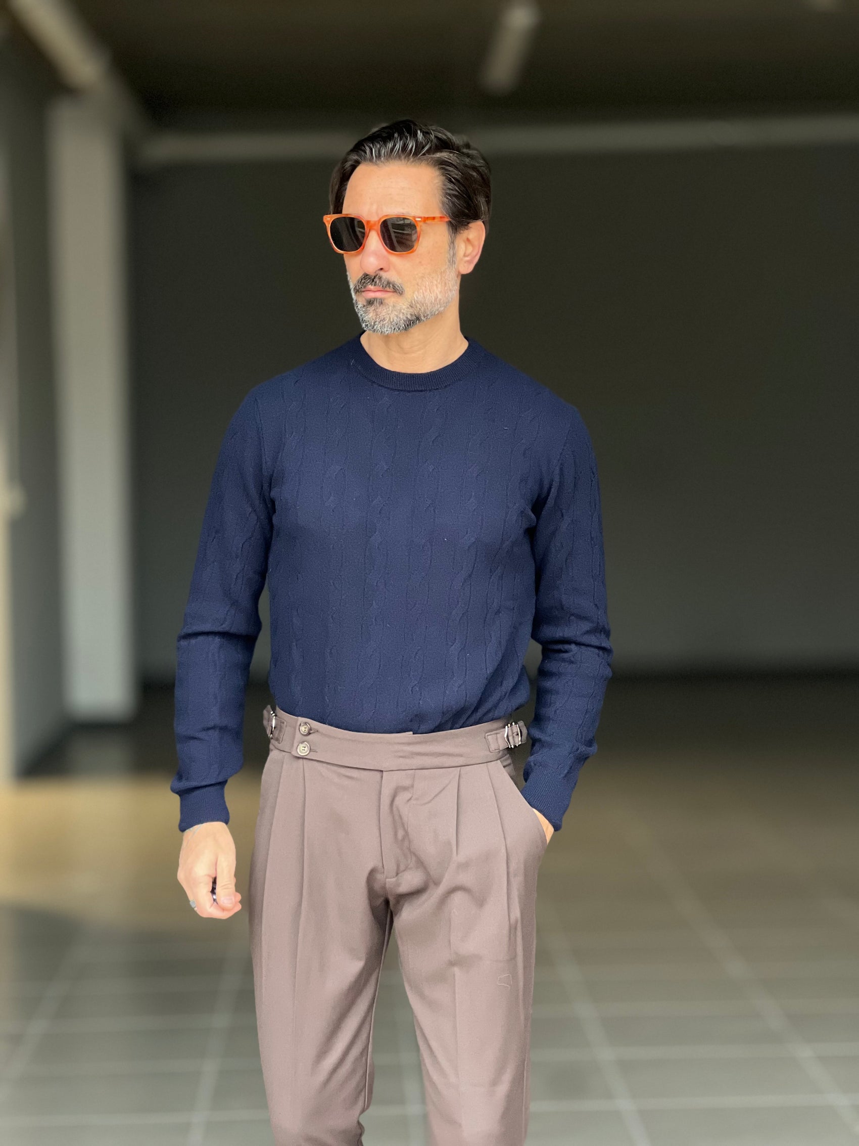 MAGLIA GIRO  BLU  LANA E CASHEMERE TRECCIA PICCOLA