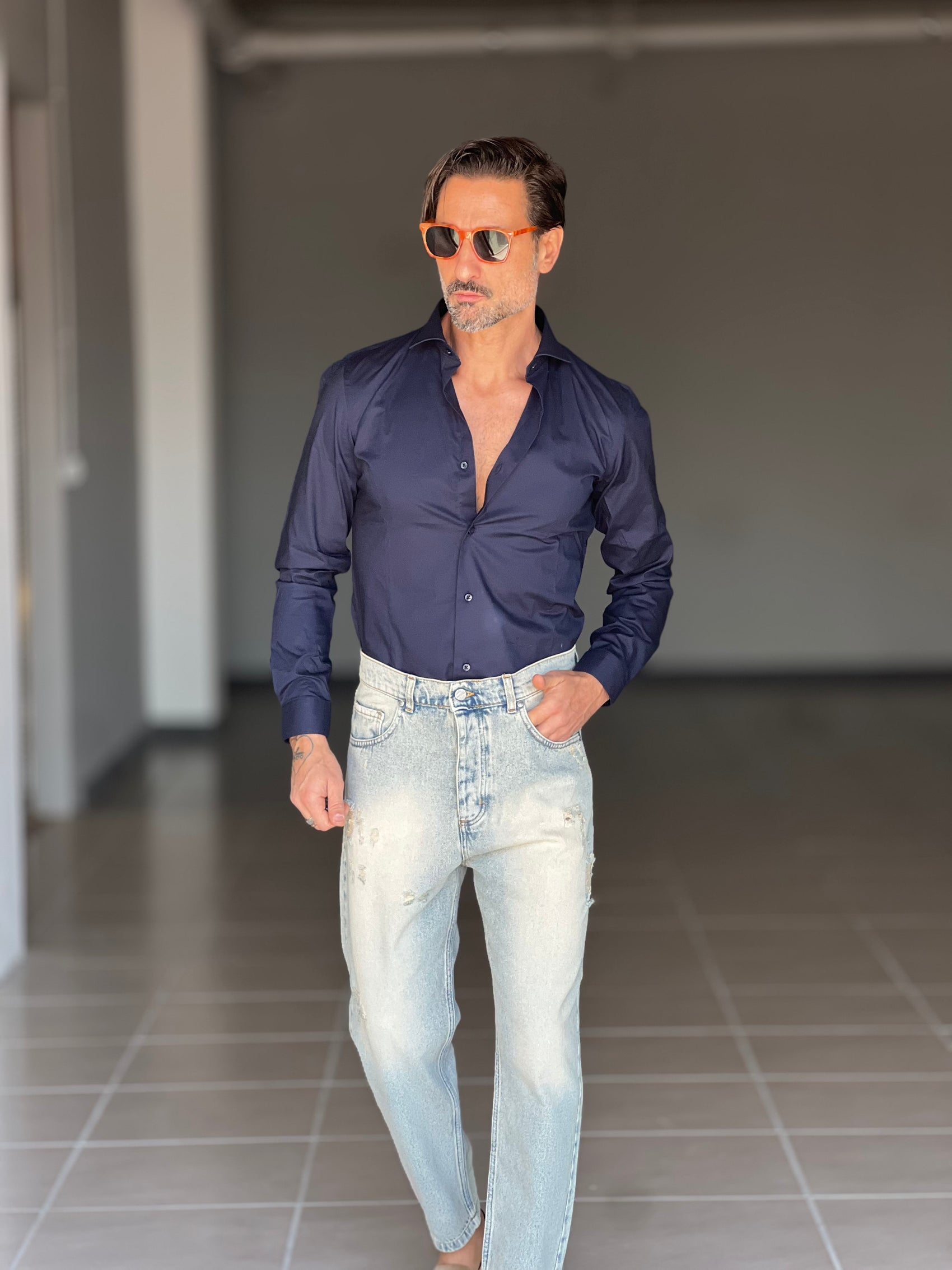 NEW.CAMICIA BLU    POPELINE DI COTONE STRECH