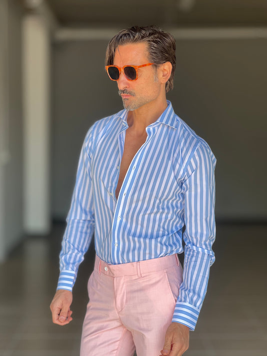 CAMICIA DEPOT BACCHETTA GRANDE CELESTE   COLLO PICCOLO POPELINE  DI COTONE DOPPIORITORTO