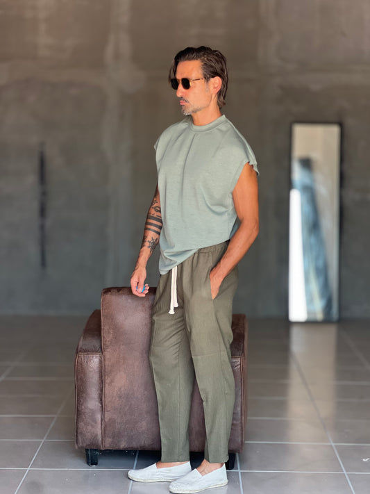 PANTALACCIO  VERDE MILITARE  LACCIO A CONTRASTO MISTO LINO
