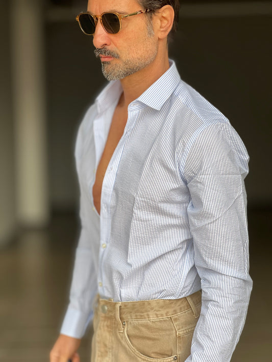 CAMICIA DEPOT  BACCHETTA FINA CELESTE  COLLO PICCOLO POPELINE  DI COTONE DOPPIORITORTO