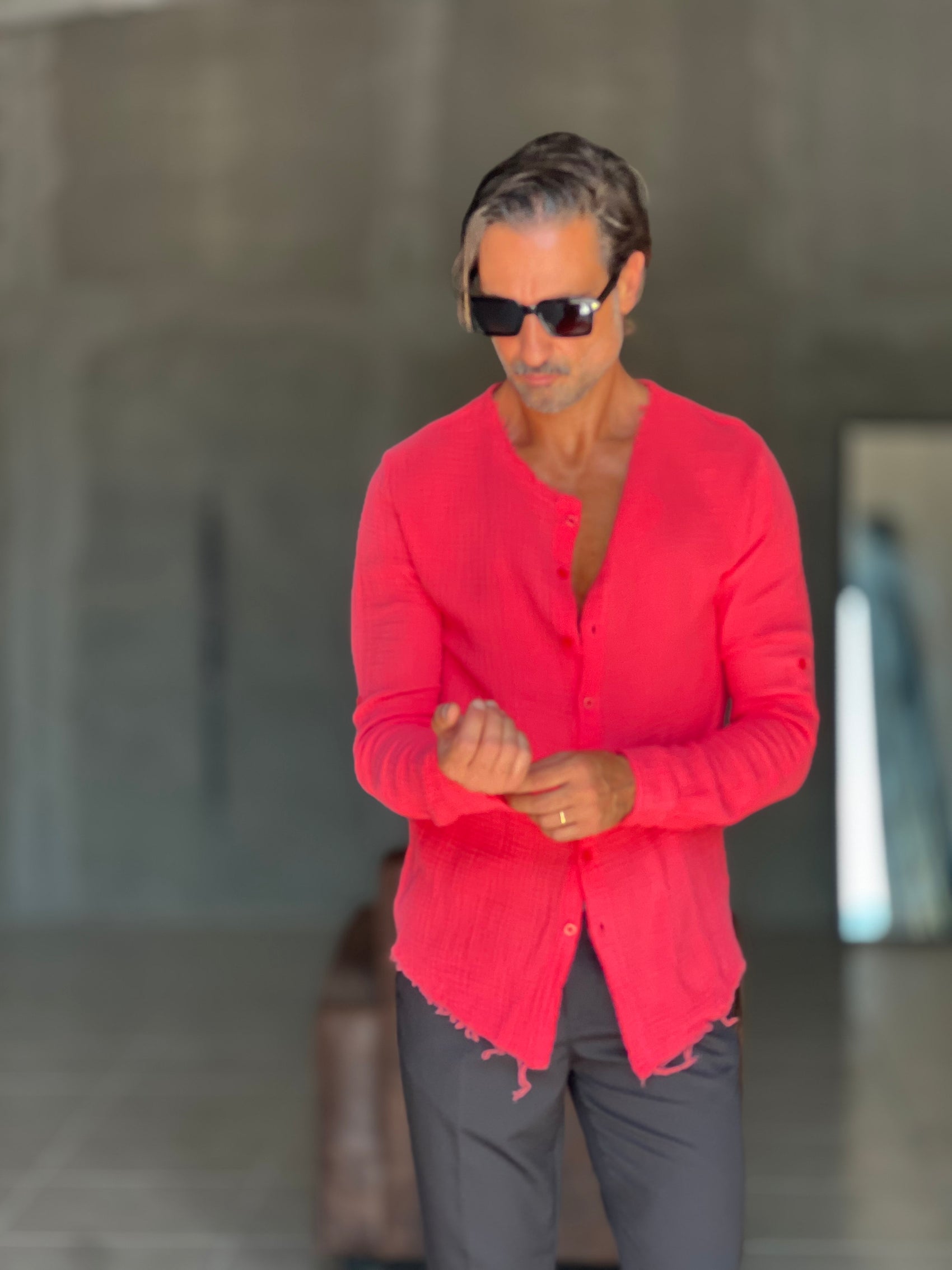 CAMICIA COREANA. ROSSA CORALLO GOFFRATA COTONE  EFFETTO LINO 278