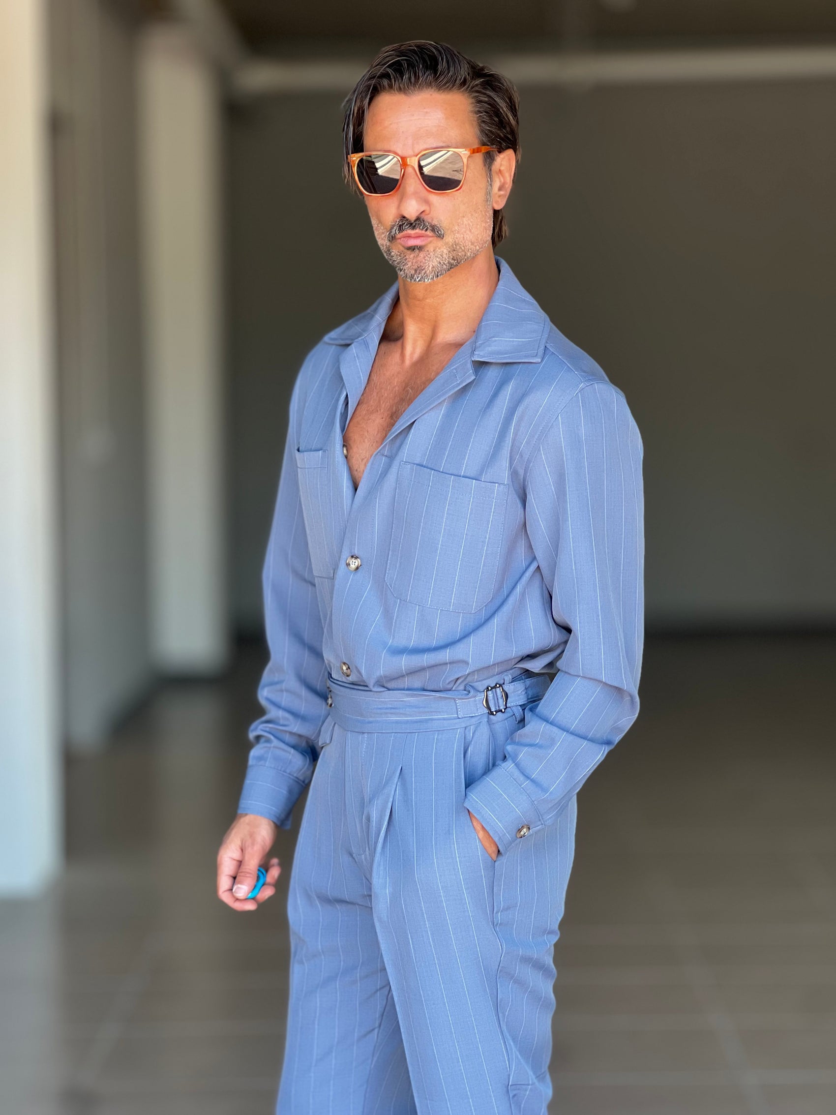FILLJACKET  CELESTE MARE GESSATA VISCOSA OVER FIT 0301 ABBINABILE AL PANTALONE GESSATO  CELESTE MARE 00301