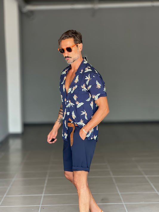 CAMICIA FIORE FONDO BLU  MEZZA MANICA VISCOSA