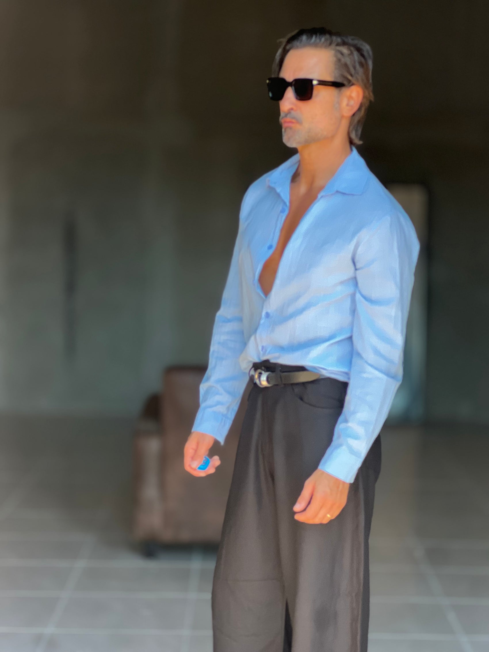 CAMICIA CELESTE COTONE EFFETTO LINO 279
