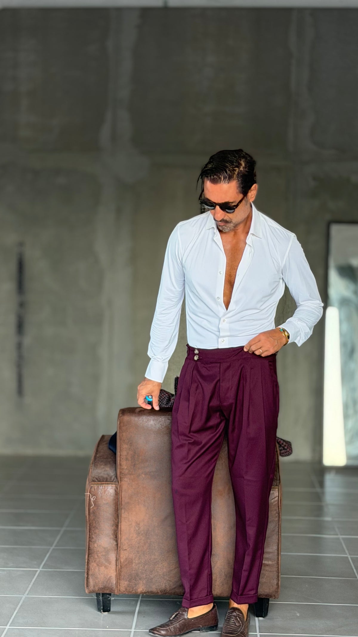PANTALONE PRUGNA VITA ALTA PINCES VISCOSA  EFFETTO FLANELLA BATTUTA