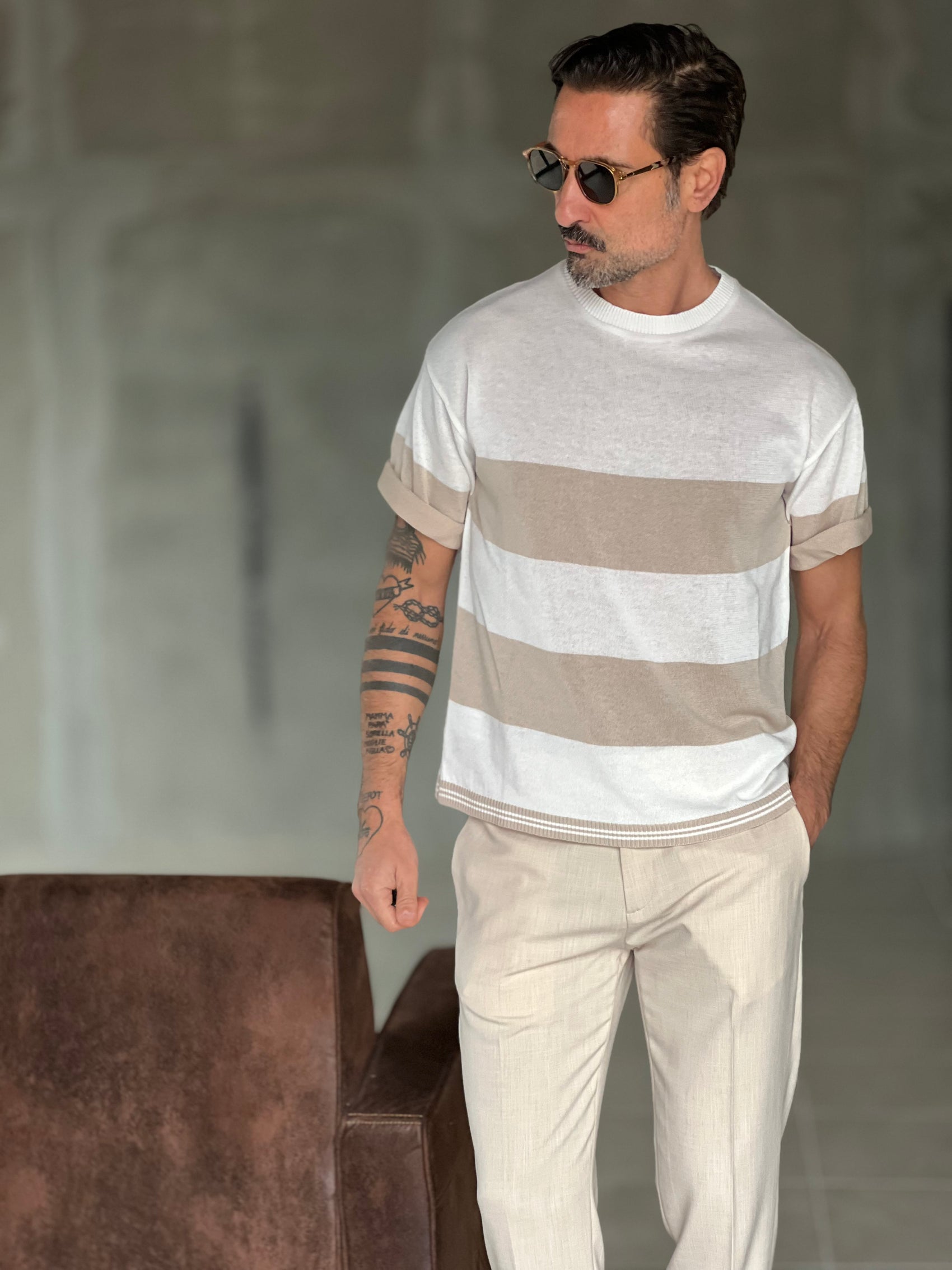 MAGLIA BIANCA RIGA GRANDE BEIGE IN FILO CROP