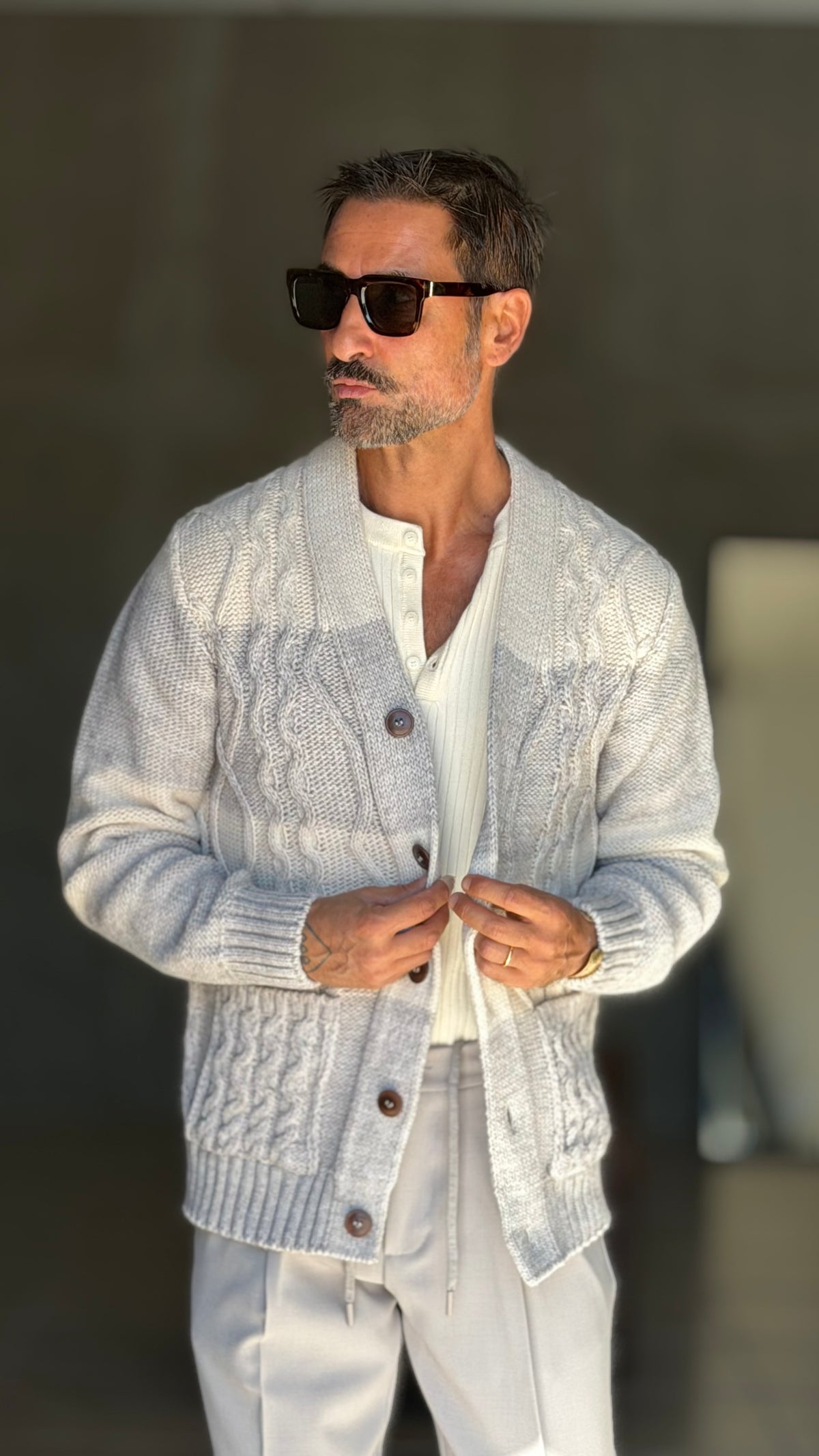 CARDIGAN MAGLIA INGLESE BANDA RIGA PANNA E  GRIGIO BL11
