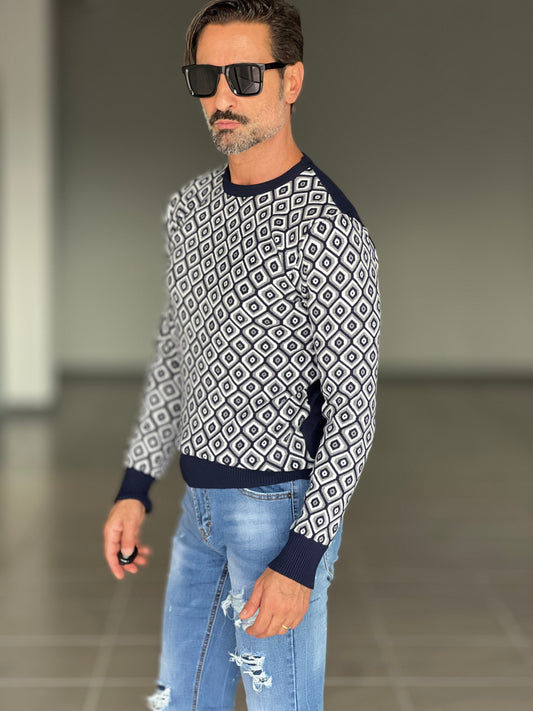 BLUE THREAD COTTON CREW NECK SWEATER