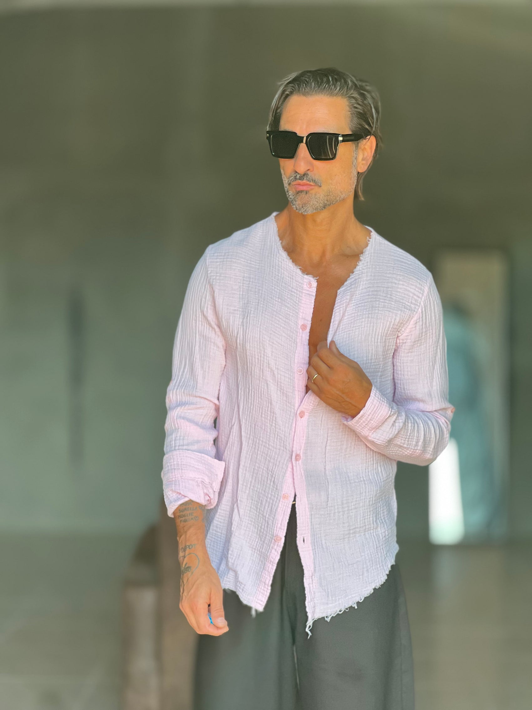 CAMICIA COREANA ROSA GOFFRATA COTONE  EFFETTO LINO 278