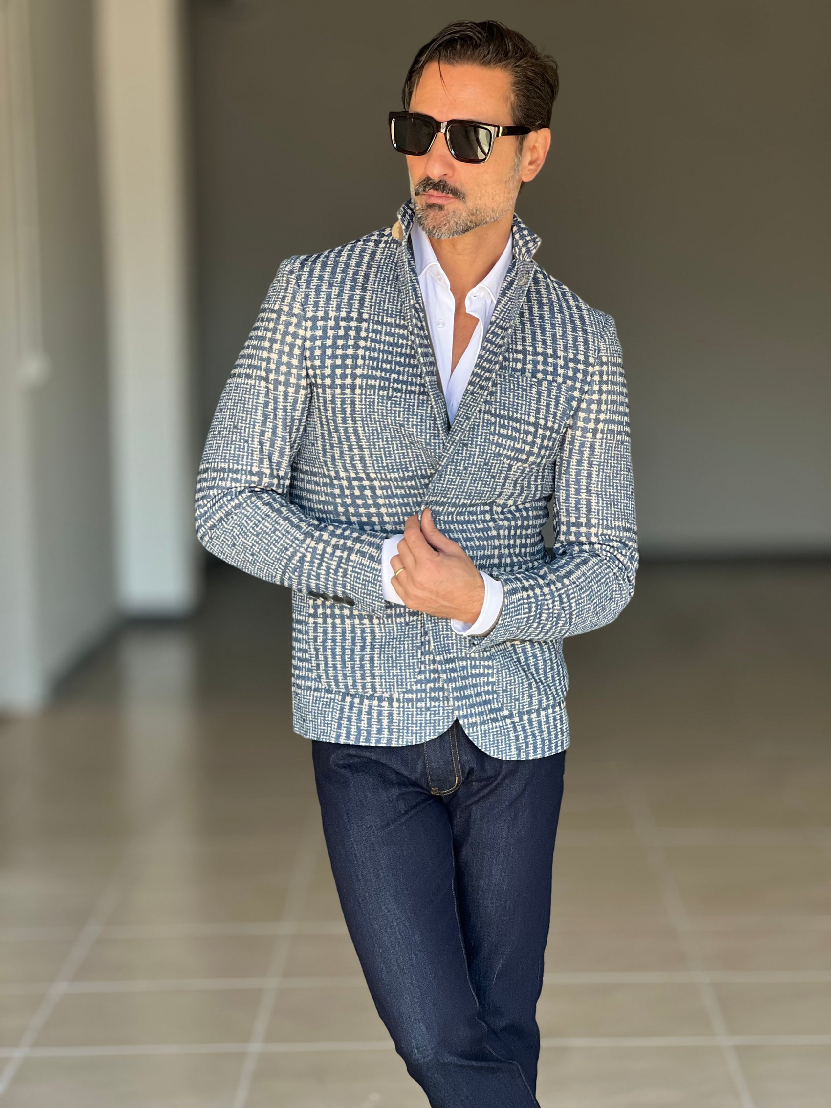 GIACCA GALLES CELESTE E BEIGE XAGON  TESSUTO OPERATO