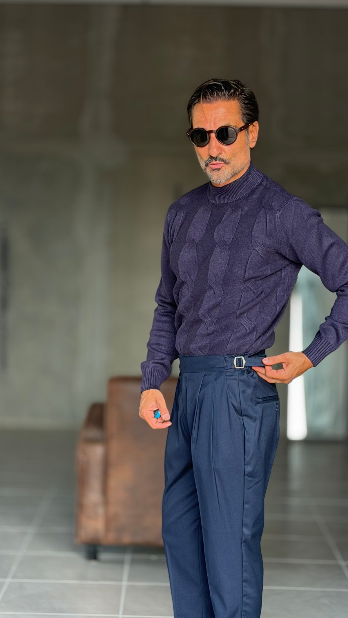 PULLOVER BLU  MEZZO COLLO TRECCIA VISCOSA