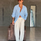 CAMICIA COREANA CELESTE CIELO   CHIARO GOFFRATA COTONE  EFFETTO LINO