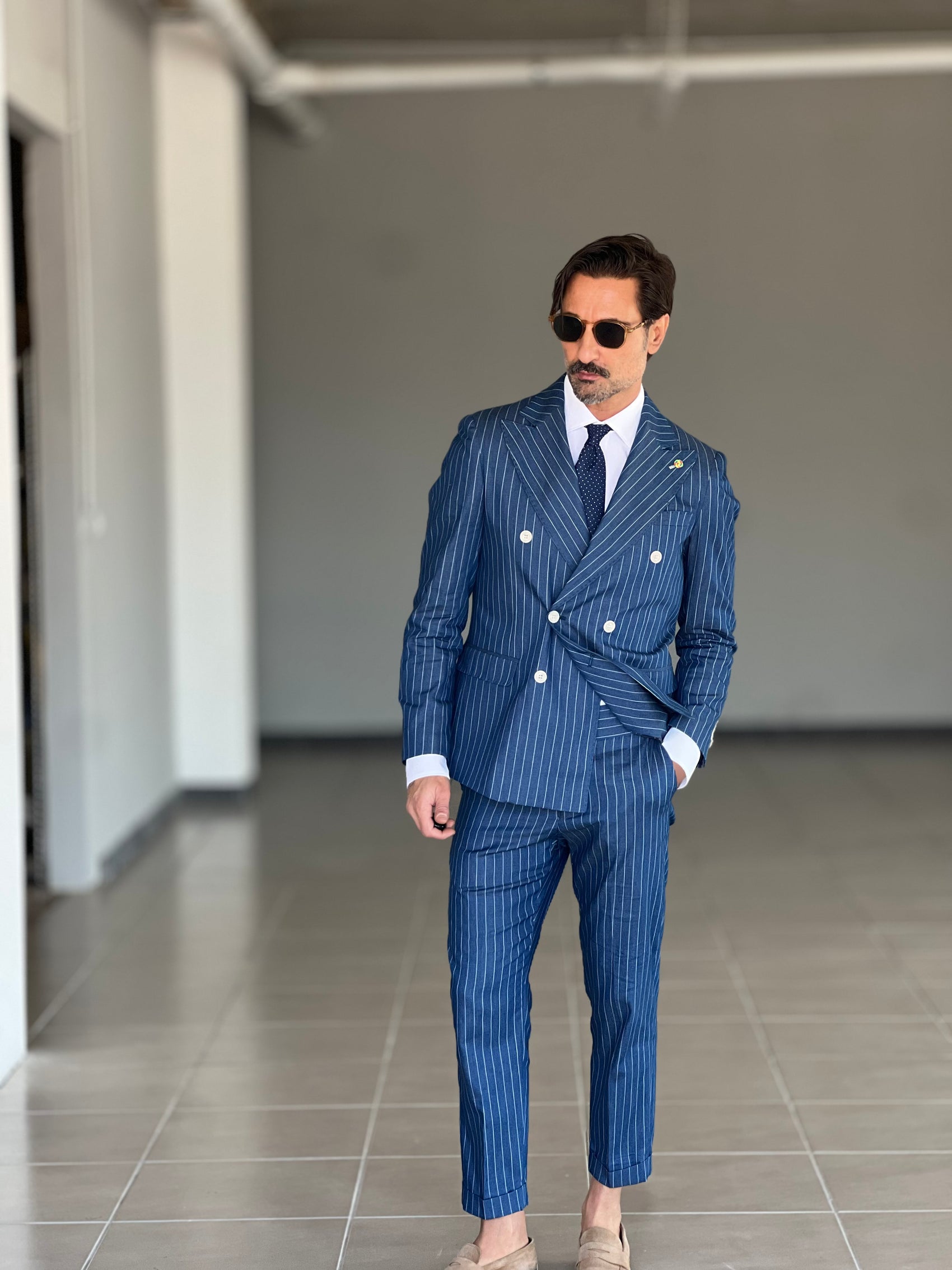 ABITO COLOR DENIM GESSATO FIAMMATO DOPPIOPETTO BOTTONE METALLO