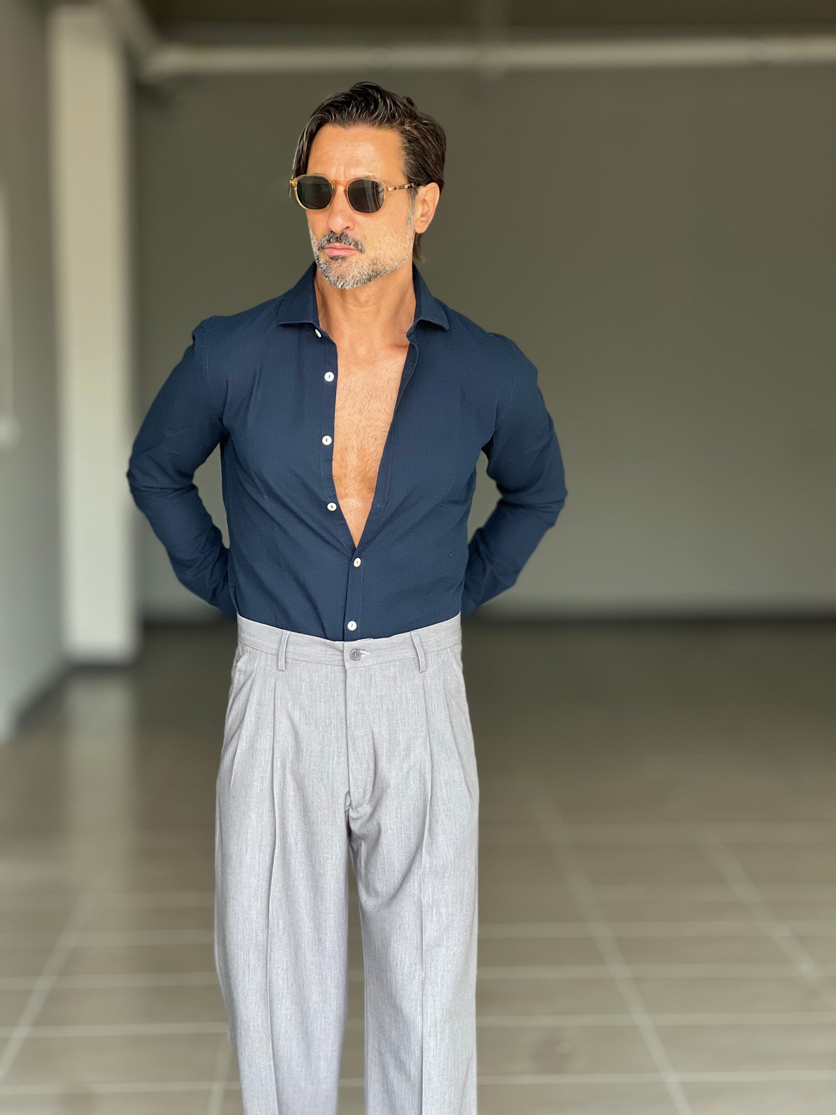 CAMICIA  BLU   LINO E MISTI COLLO ITALIANO