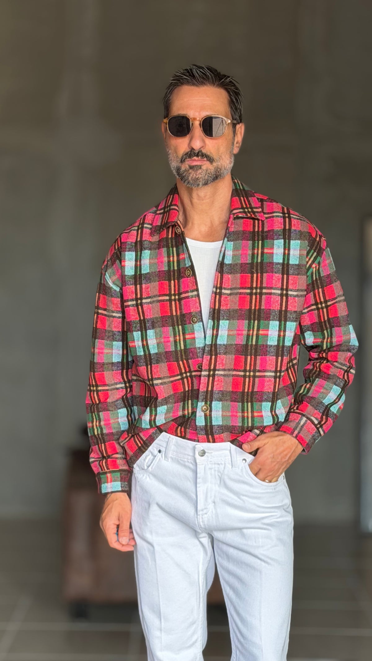 CAMICIA  FLANELLA QUADRO GALLES VERDE ROSA E CELESTE