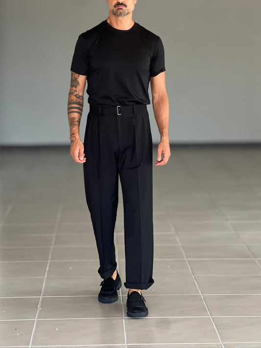 PANTALONE  FONDO AMPIO NERO CINTURA VISCOSA E MISTI