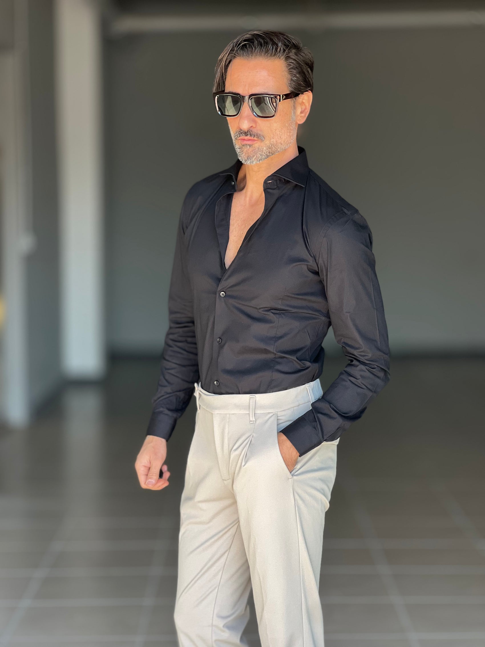 NEW CAMICIA NERA  POPELINE DI COTONE STRECH