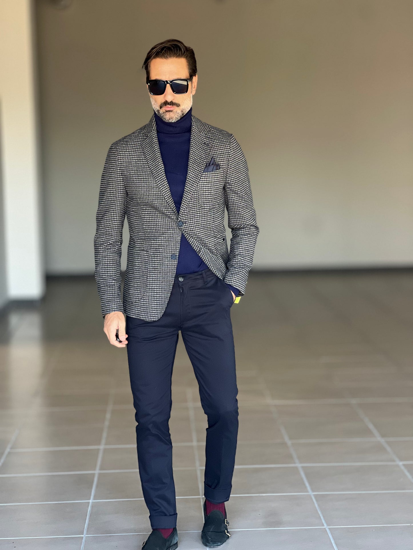 GIACCA PANNO GRIGIA MORO E BLU  PIE DE POULE TOPPE AI GOMITI