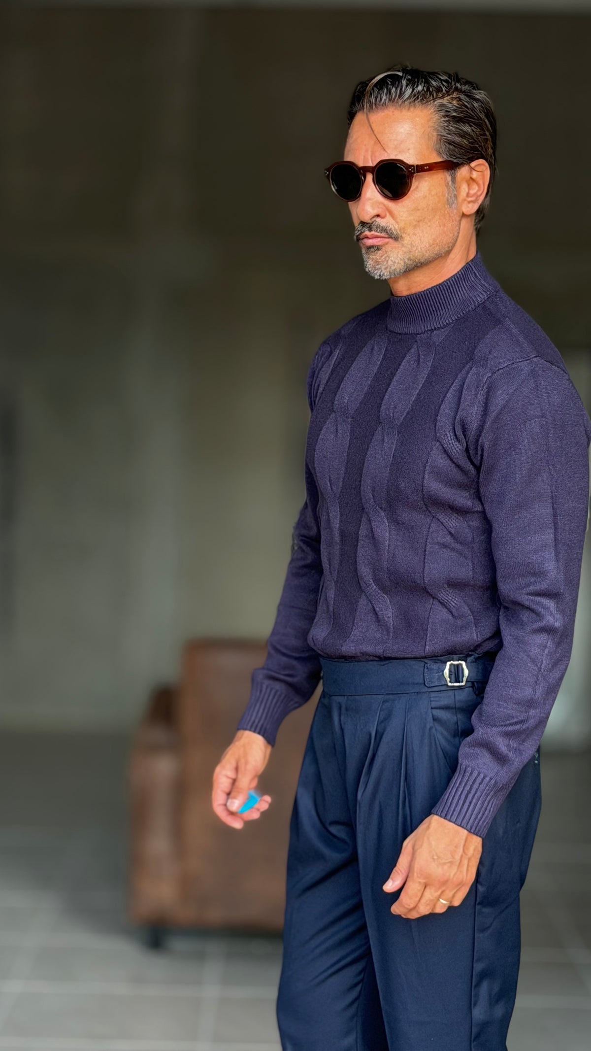 PULLOVER BLU  MEZZO COLLO TRECCIA VISCOSA