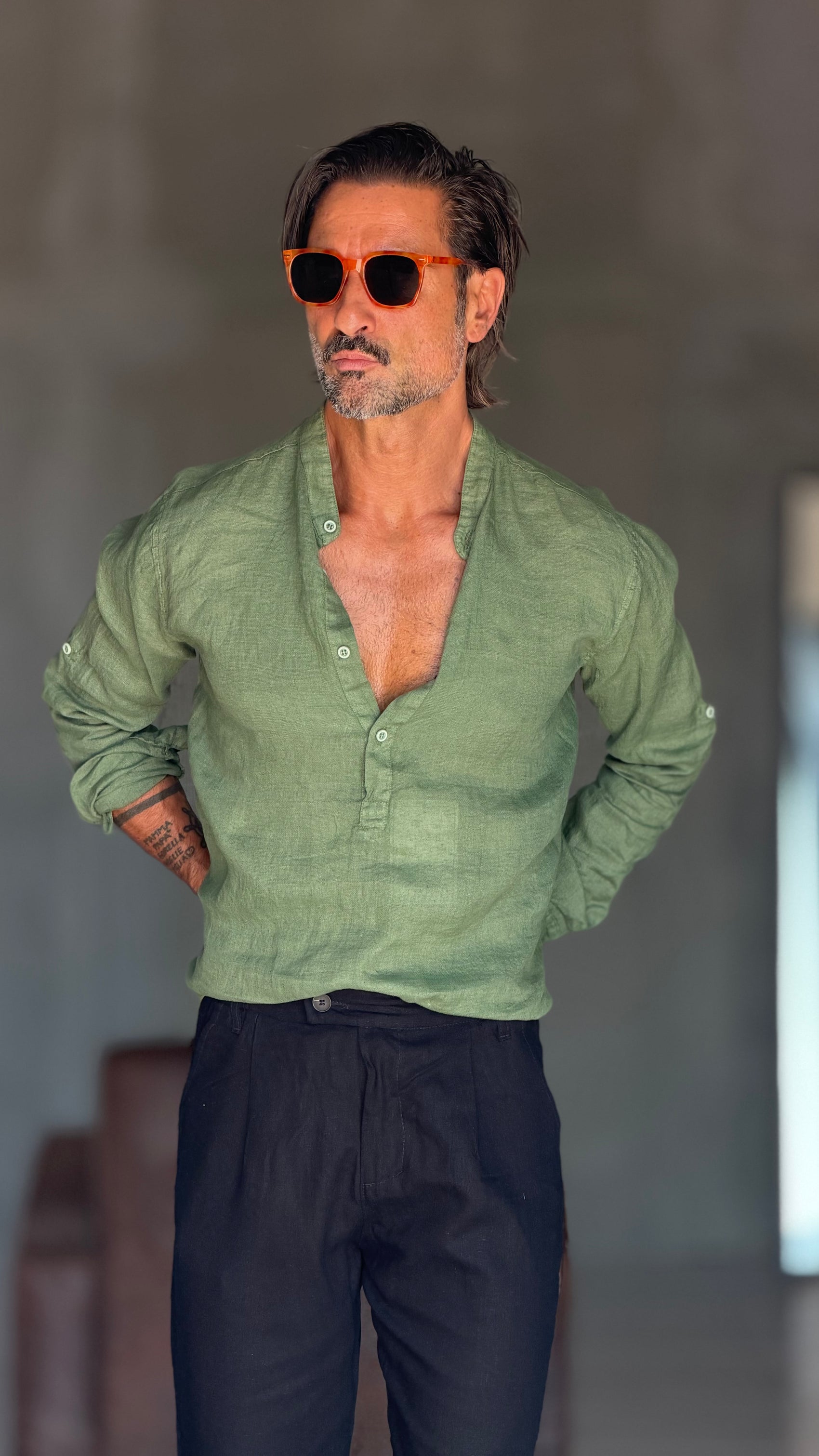 CAMICIA  SERAFINO VERDE LINO PURO