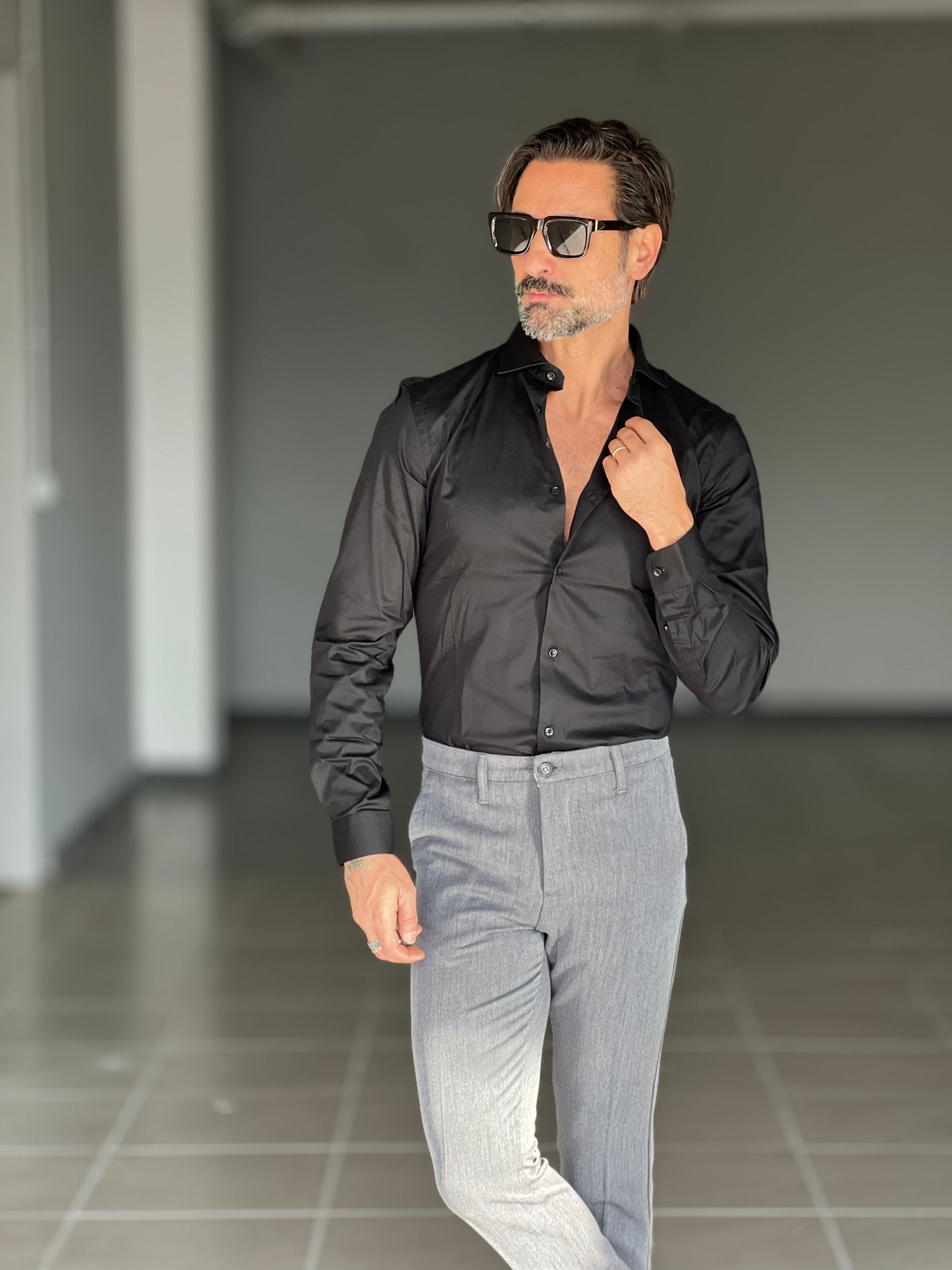 CAMICIA NERA   POPELINE DI COTONE STRECH