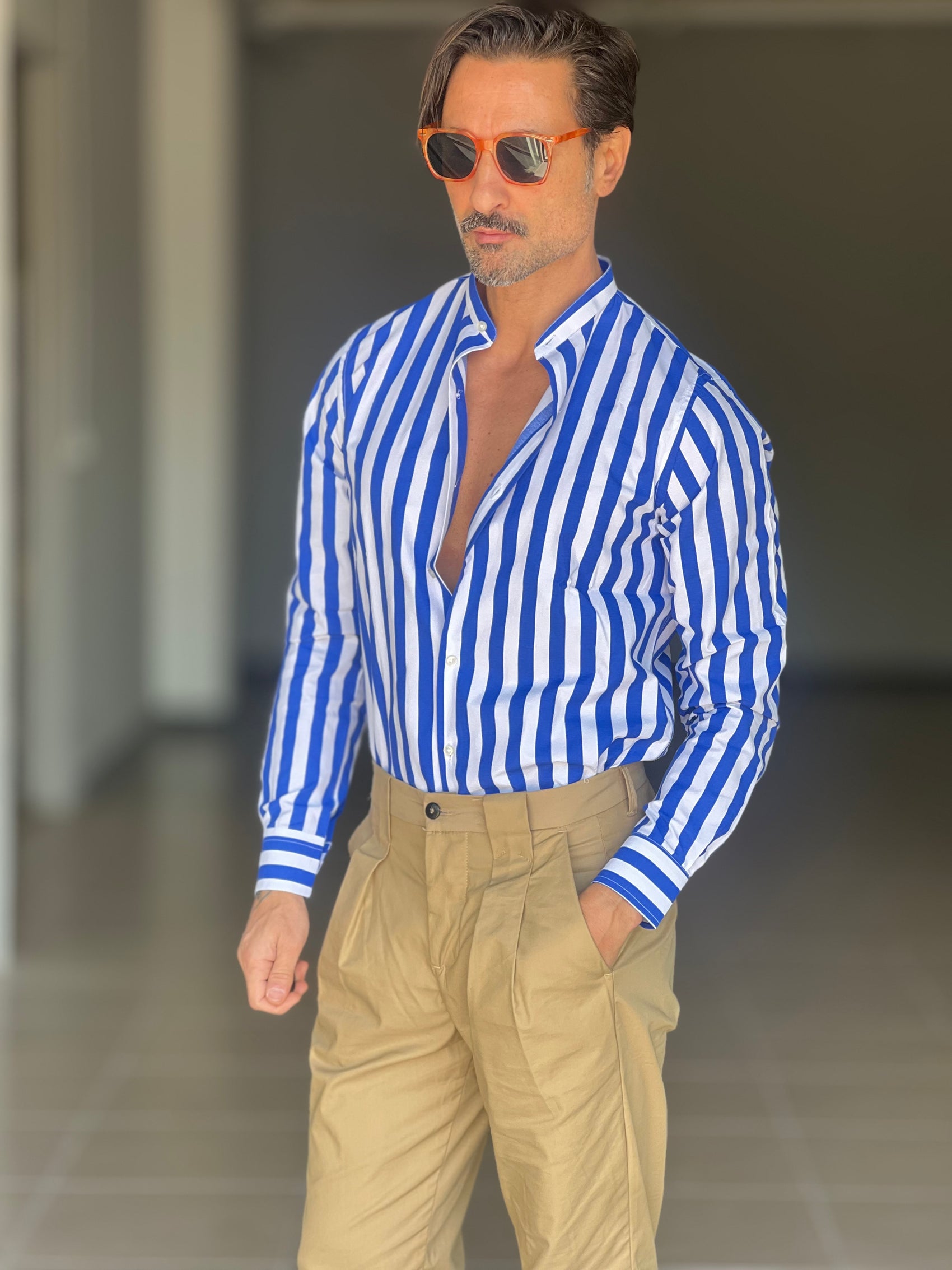 CAMICIA BIANCA E BLU  COREANA   POPELINE DI COTONE STRECH 0070