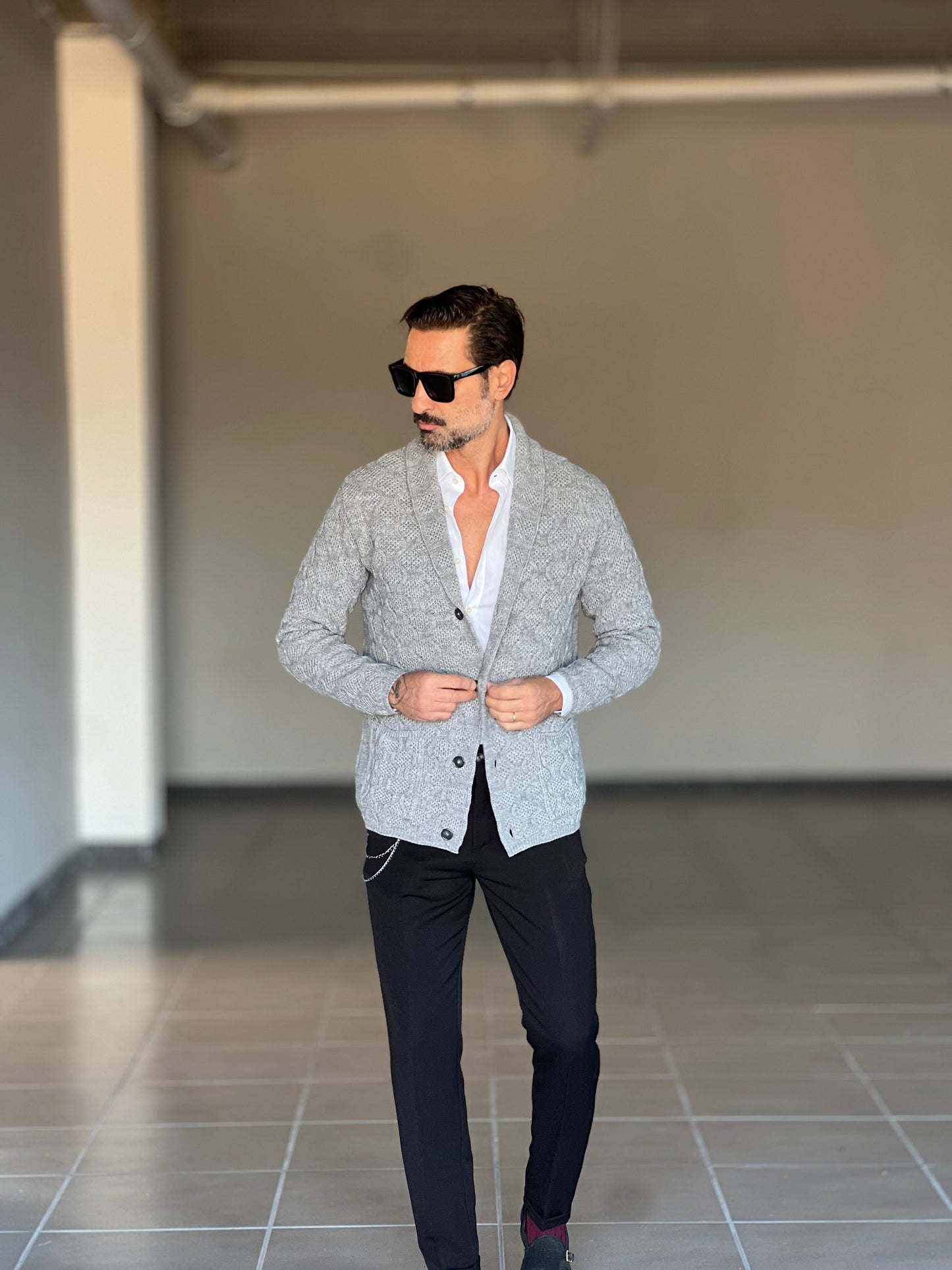 CARDIGAN GIACCA GRIGIO LAVORAZIONE A RILIEVO