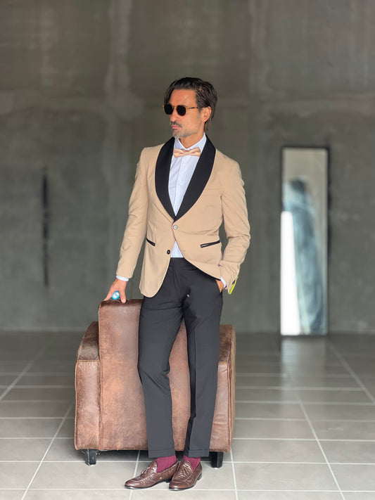 ABITO  SMOKING CAMMELLO  REVER NERO PANTALONE NERO