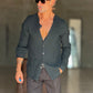 CAMICIA COREANA. NERA GOFFRATA COTONE  EFFETTO LINO 278