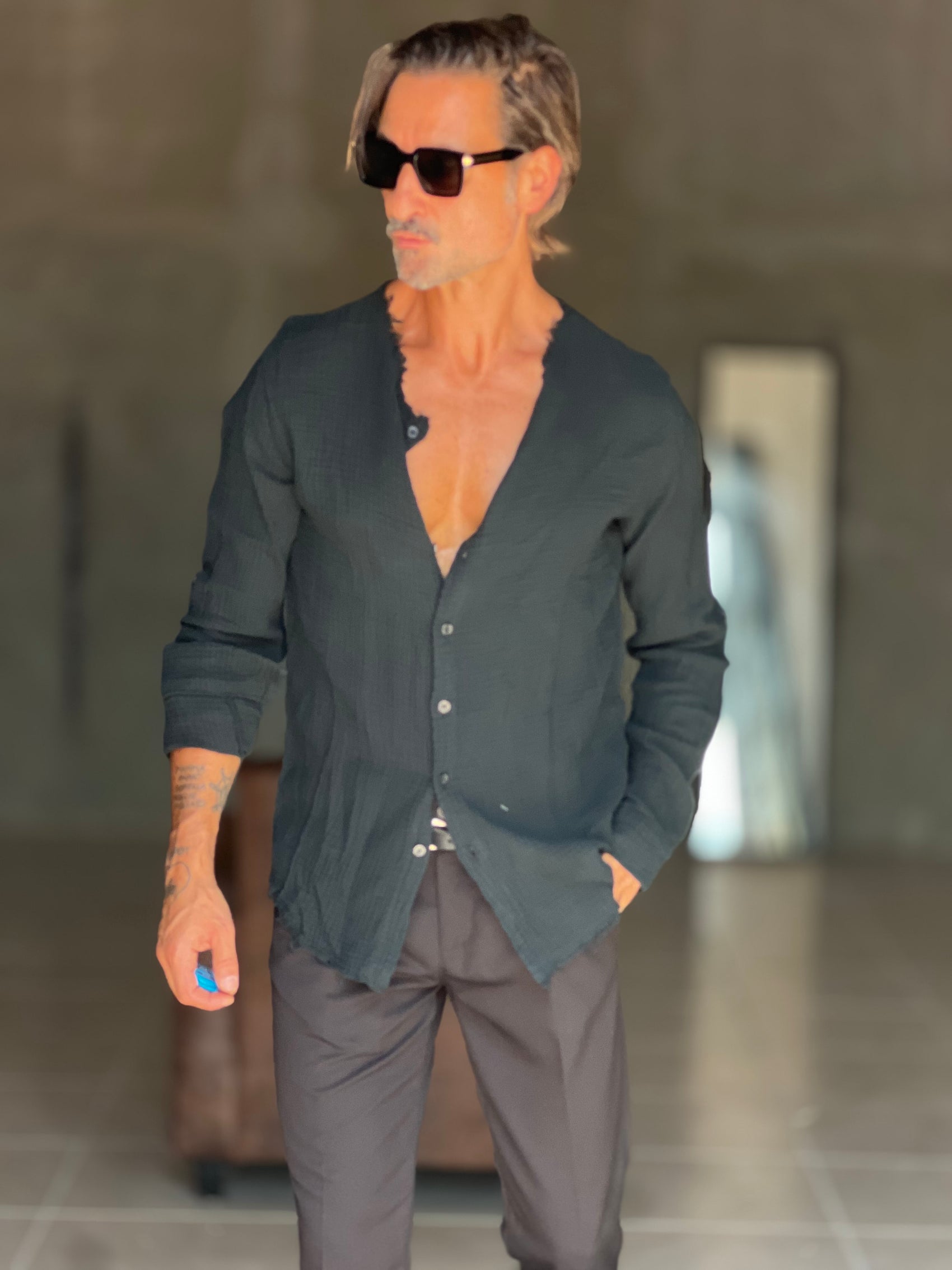 CAMICIA COREANA. NERA GOFFRATA COTONE  EFFETTO LINO 278
