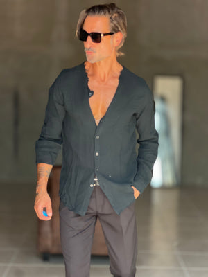 CAMICIA COREANA. NERA GOFFRATA COTONE  EFFETTO LINO 278