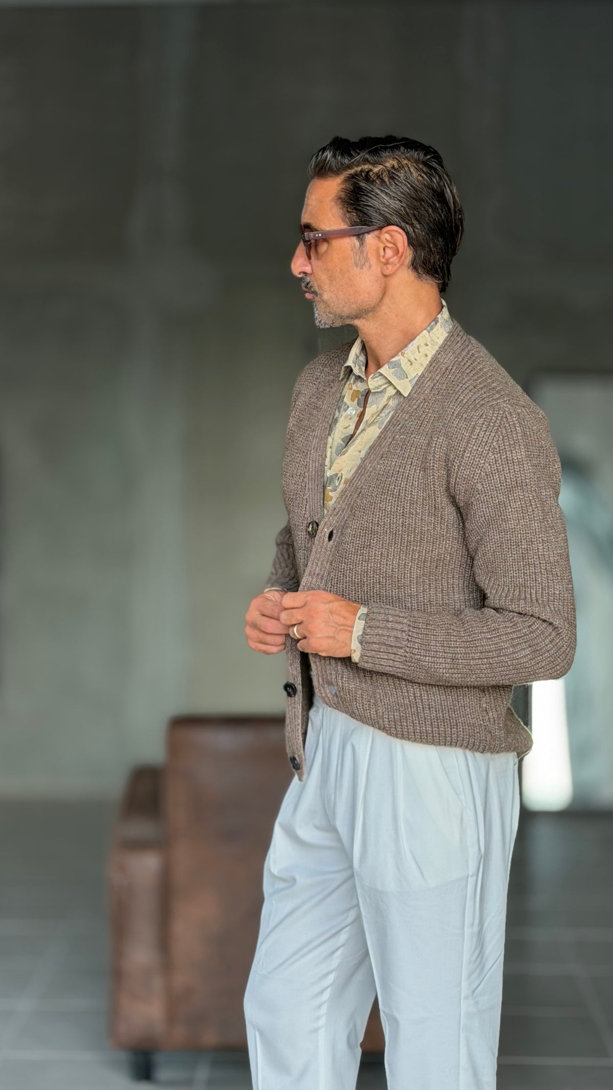 CARDIGAN MORO  LANA ALPACA VISCOSA MAGLIA INGLESE ALTATENSIONE