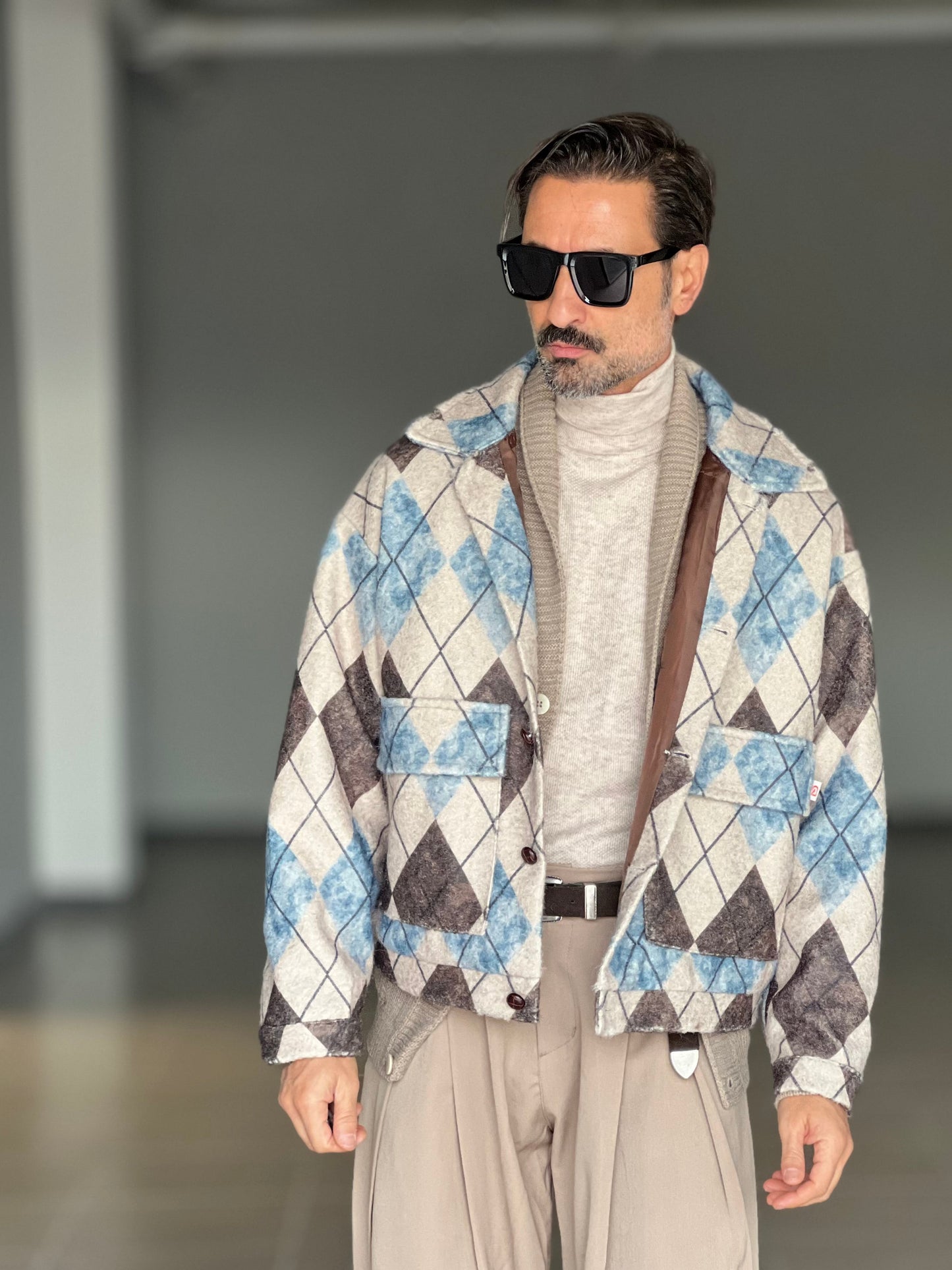 FILL JACKET ROMBO MORO PANNA E CELESTE CROP