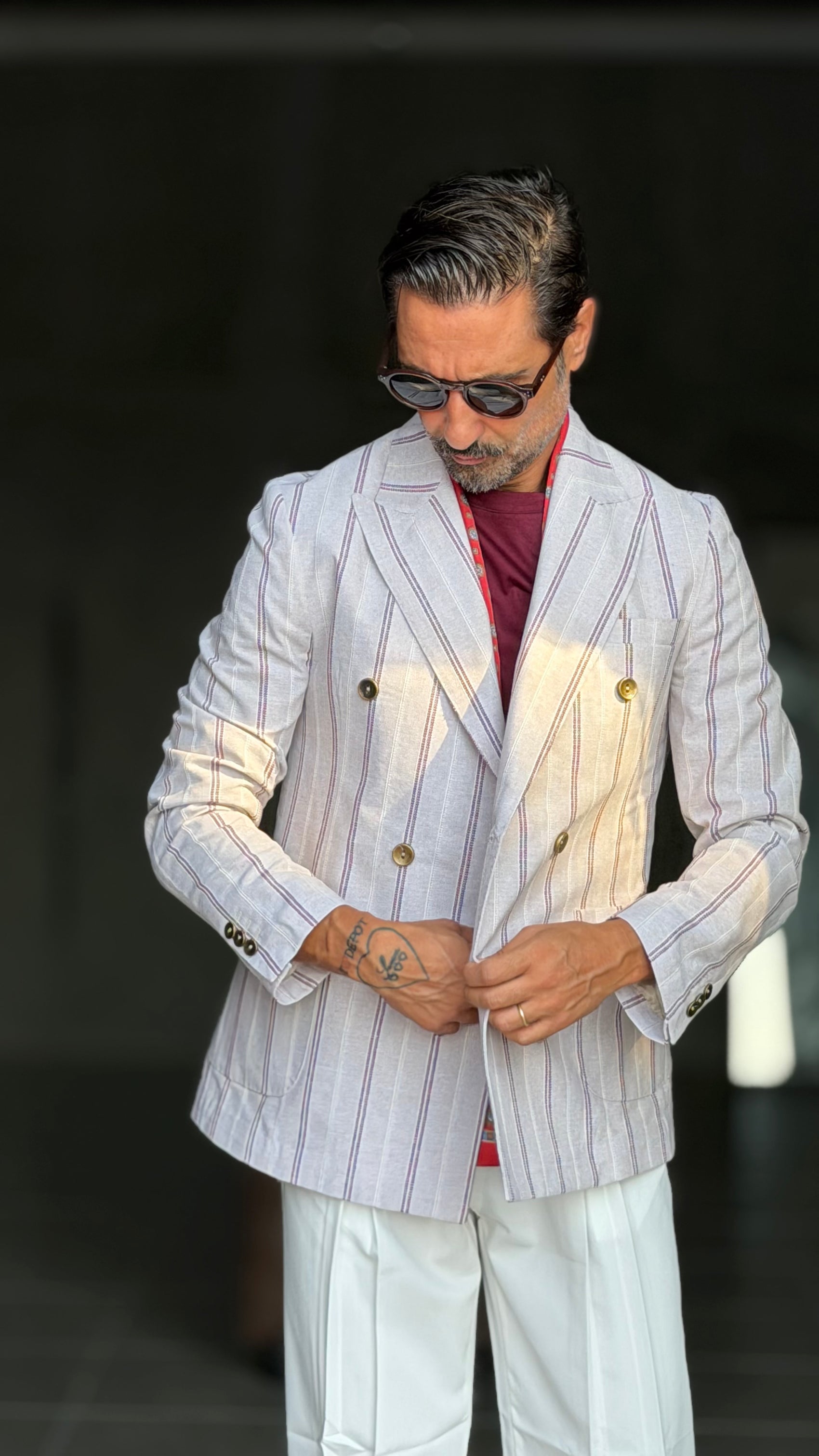 GIACCA DOPPIOPETTO BEIGE GESSATA BORDEAUX COTONE