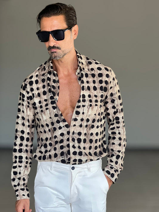 CAMICIA VISCOSA FONDO CAMMELLO POIS NERO ALTATENSIONE
